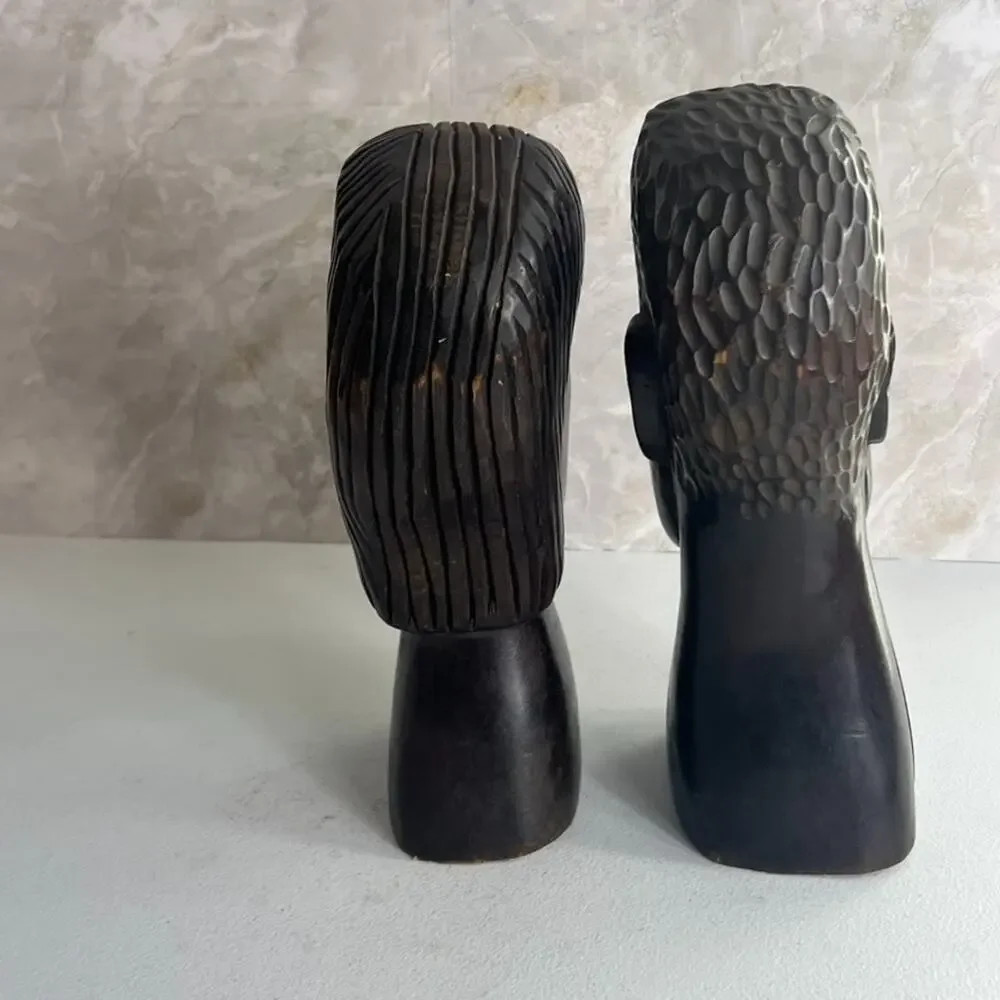 Vintage African Hand Carved Ebony Wood Head Sculptures 10.5